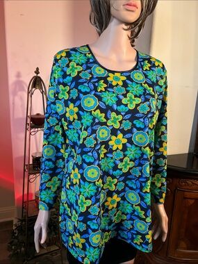 Floral Long-Sleeve Tunic Top - Blue & Green